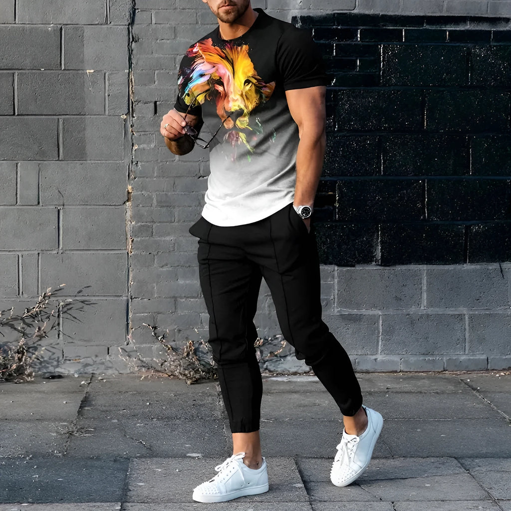 Man wearing a printed short-sleeve T-shirt and matching trousers from a polyester sports set.