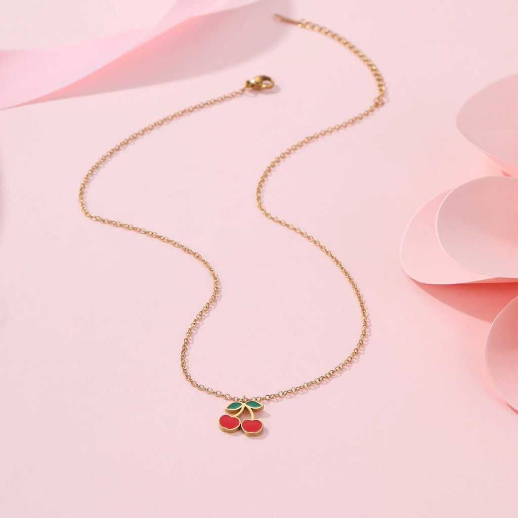 18K stainless steel cherry jewellery set with necklace, bracelet, earrings, and ring featuring geometric design