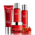 Pomegranate skincare set showing red bottles of face wash, toner, lotion, and facial cream.
