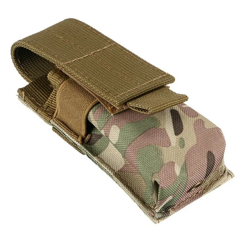 Black military tactical waist bag with MOLLE webbing and elastic cord closure