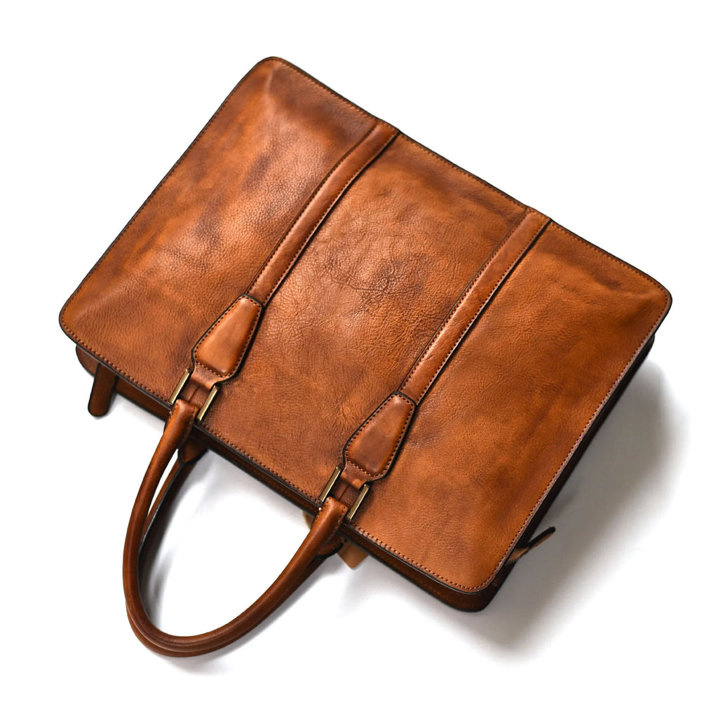 Men's 14-inch horizontal leather handbag in khaki vegetable tanned cowhide with zipper