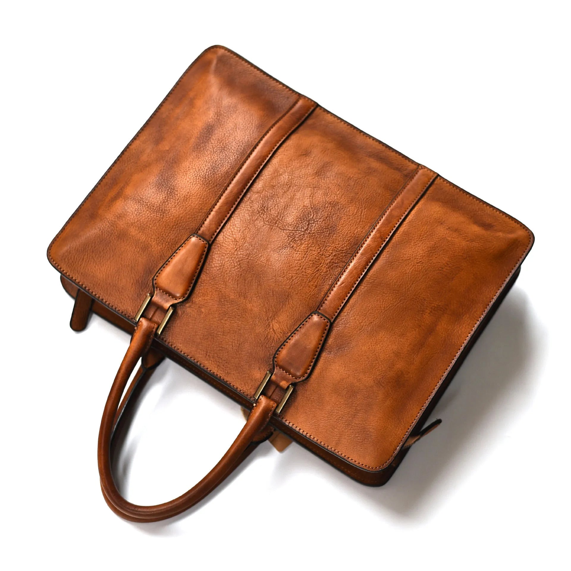 Men's 14-inch horizontal leather handbag in khaki vegetable tanned cowhide with zipper
