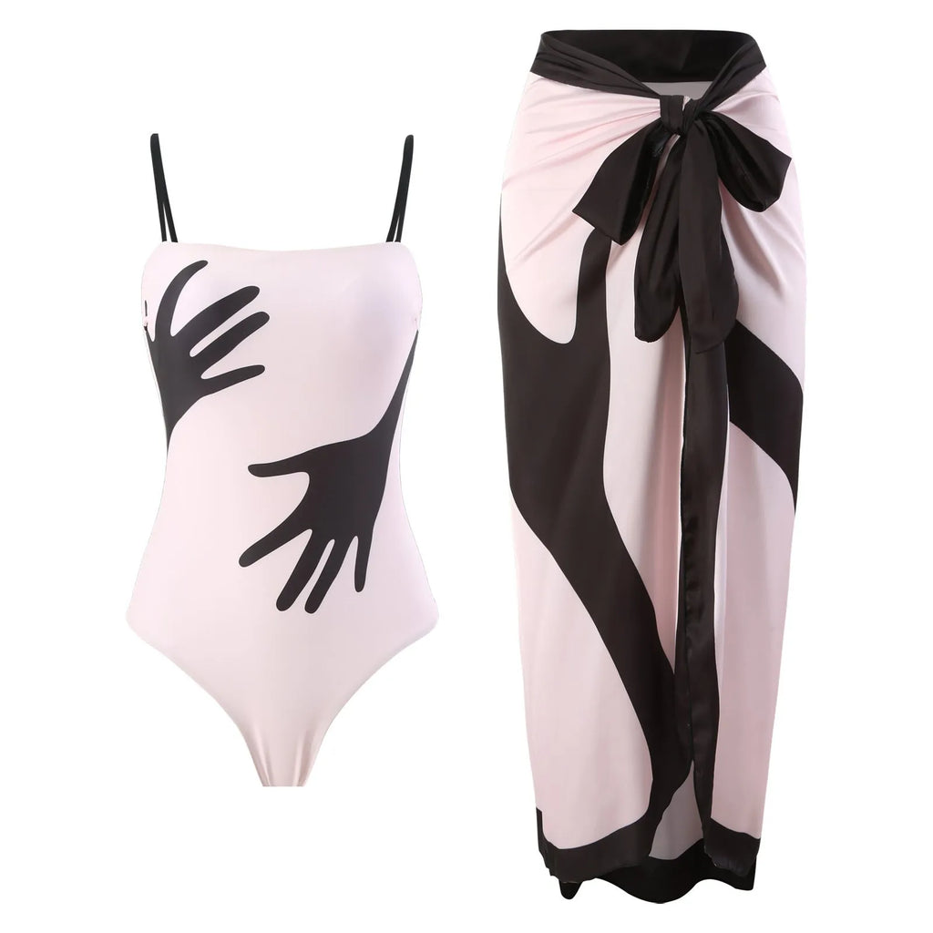 Women's polyester bikini swimsuit with attached white tulle skirt