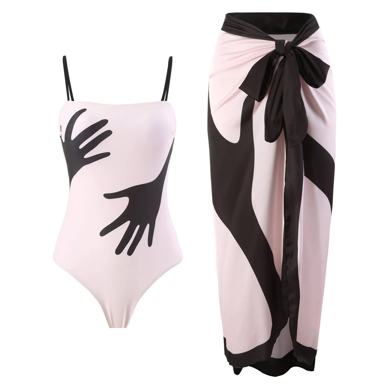 Women's polyester bikini swimsuit with attached white tulle skirt