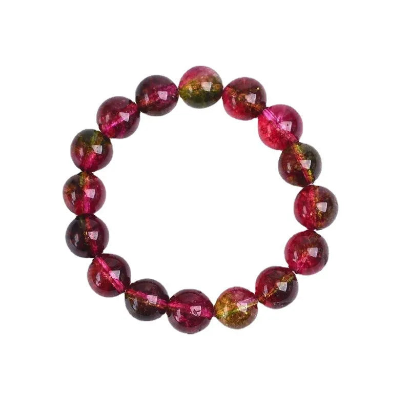 Handmade women's bracelet with red and green watermelon crystal beads on a string.