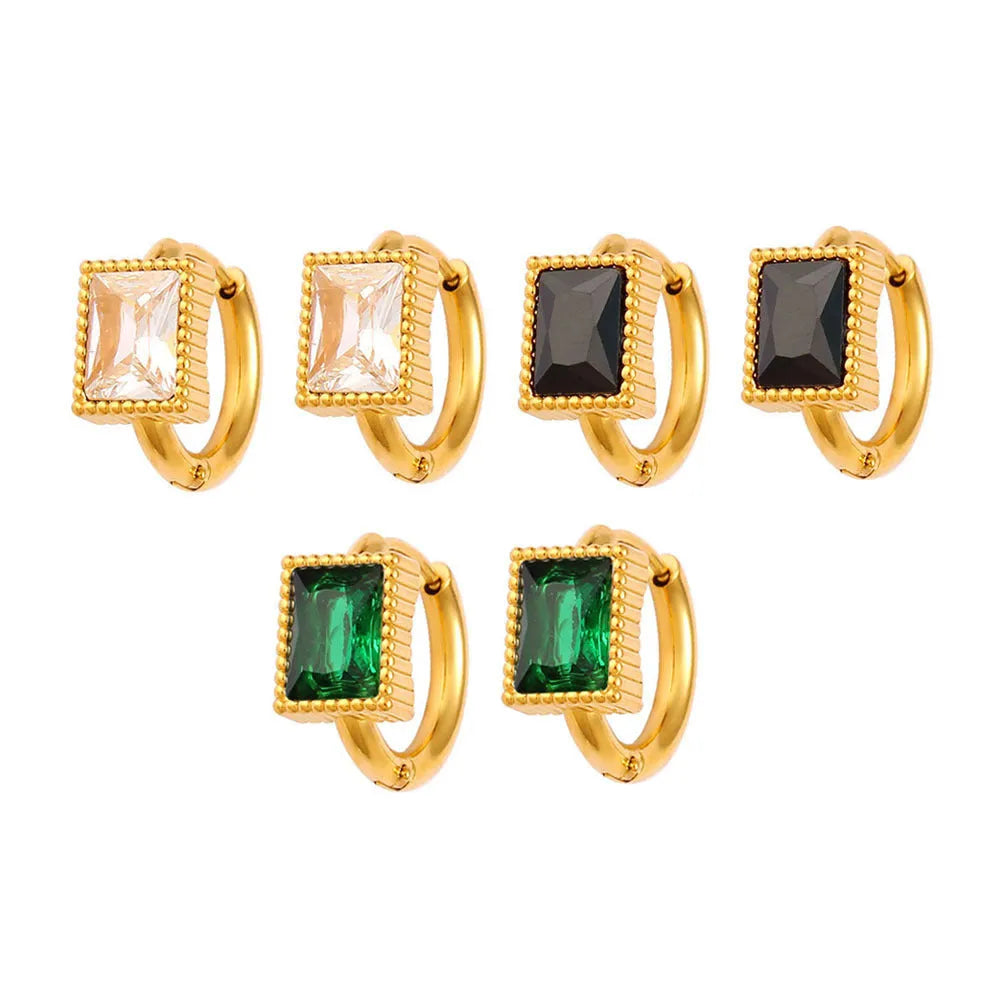 Geometric stainless steel earrings with square zircon detailing in white, black or green colours