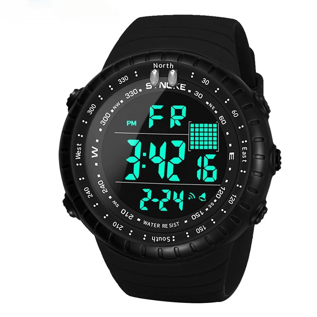 Men's black waterproof electronic watch with plastic case and adjustable PU strap