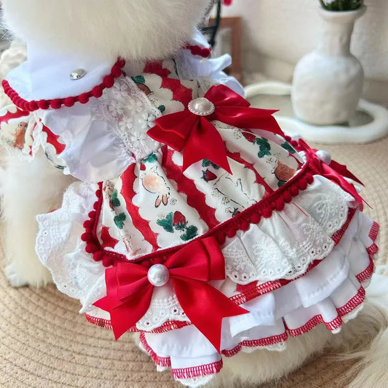 Small dog wearing princess-style rabbit skirt costume in polyester fabric