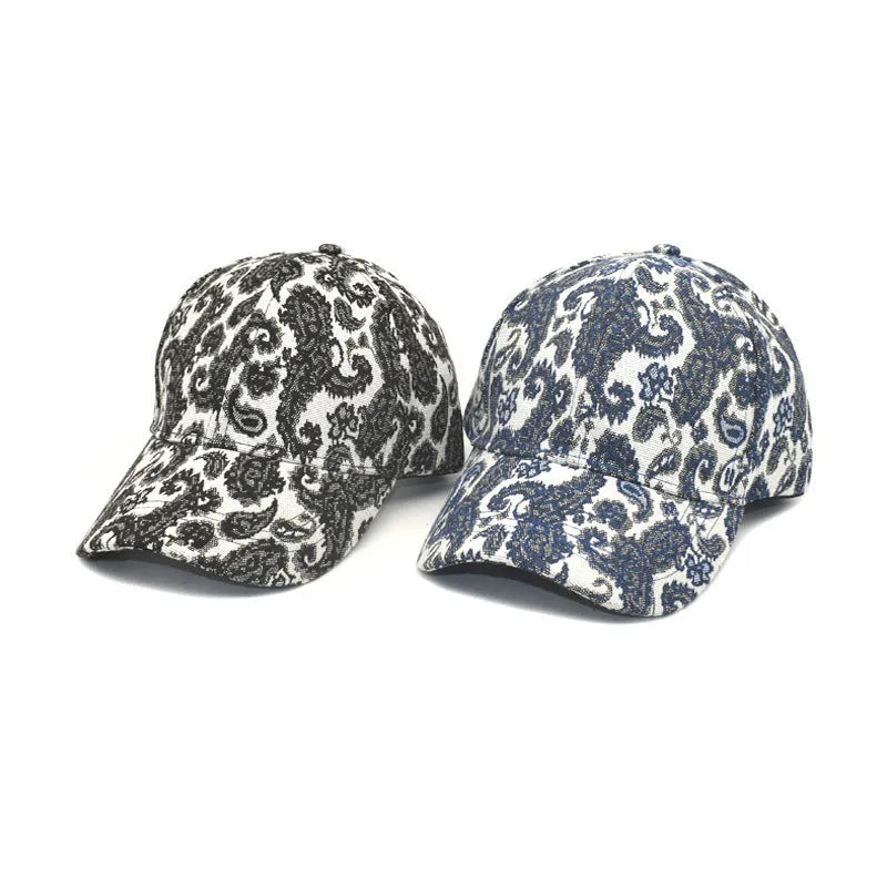 Polyester baseball cap with a paisley pattern print in blue, featuring a dome crown.