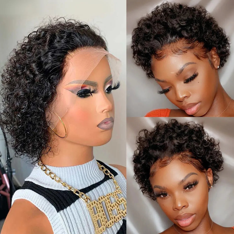 Black human hair lace cover pixie wig natural style 13x1 colour