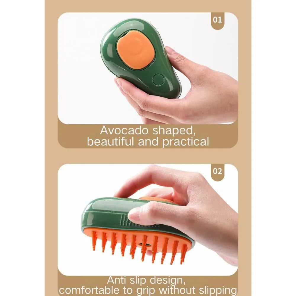 Green and white 3 in 1 cat steam brush with water spray, silicone teeth, showing 11cm size