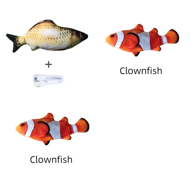 A multicolour electronic jumping fish cat toy measuring 30cm long with a USB charging cable.