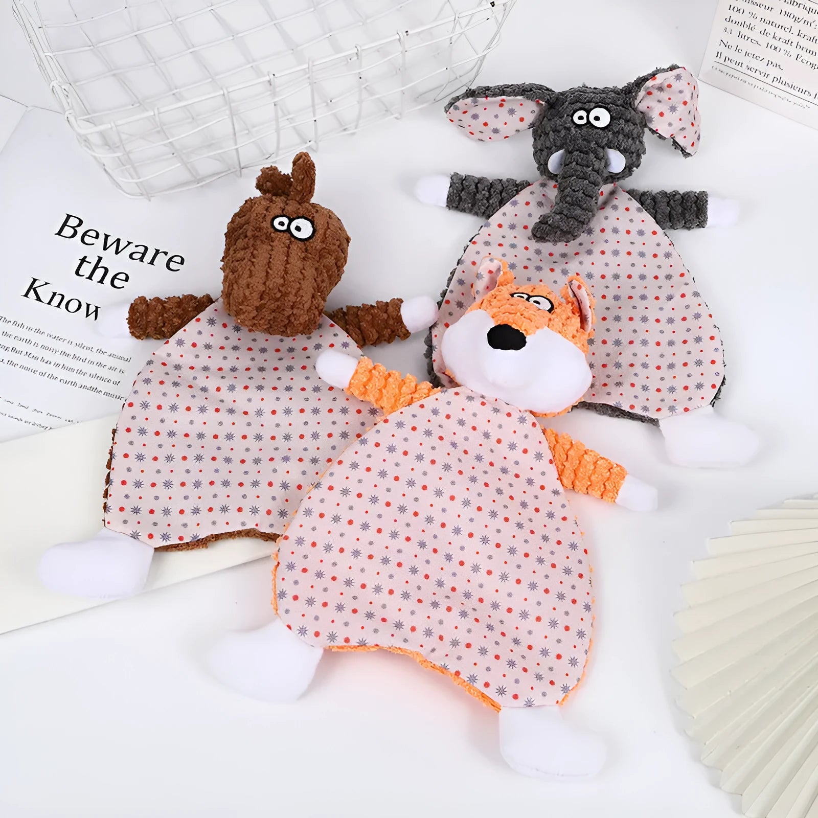 Brown fox elephant design pet stuffed toy with bite-resistant velvet material and squeaker feature