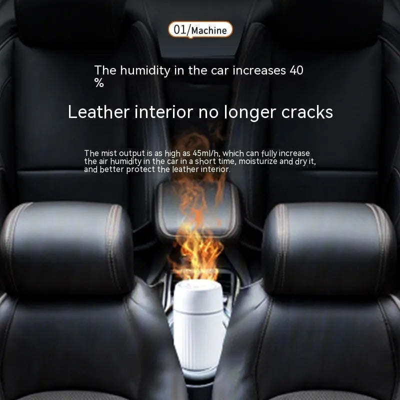 Car flame simulation aroma diffuser showing black and white colour options with 100mL capacity display