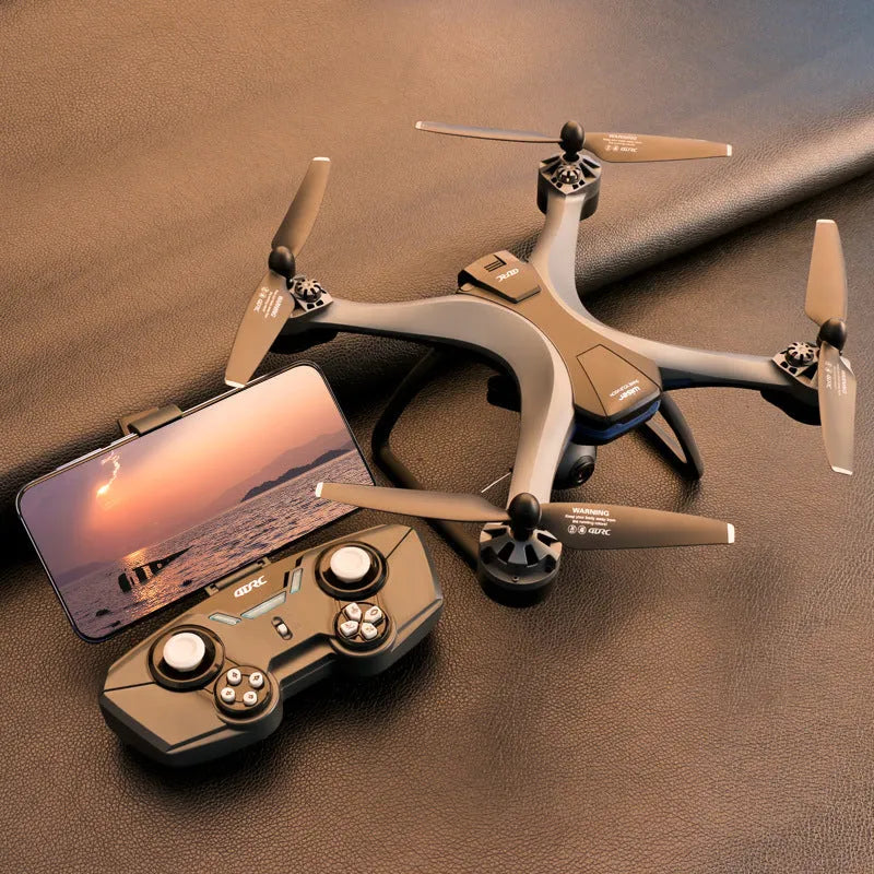 GPS quadrocopter drone with anti-fall features and dual cameras on remote controller