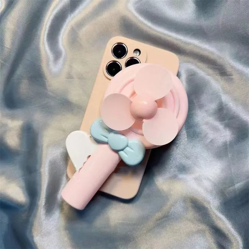Cyan soft shell lollipop hand fan TPU phone case for iPhone 15 Pro Max with drop-resistant design