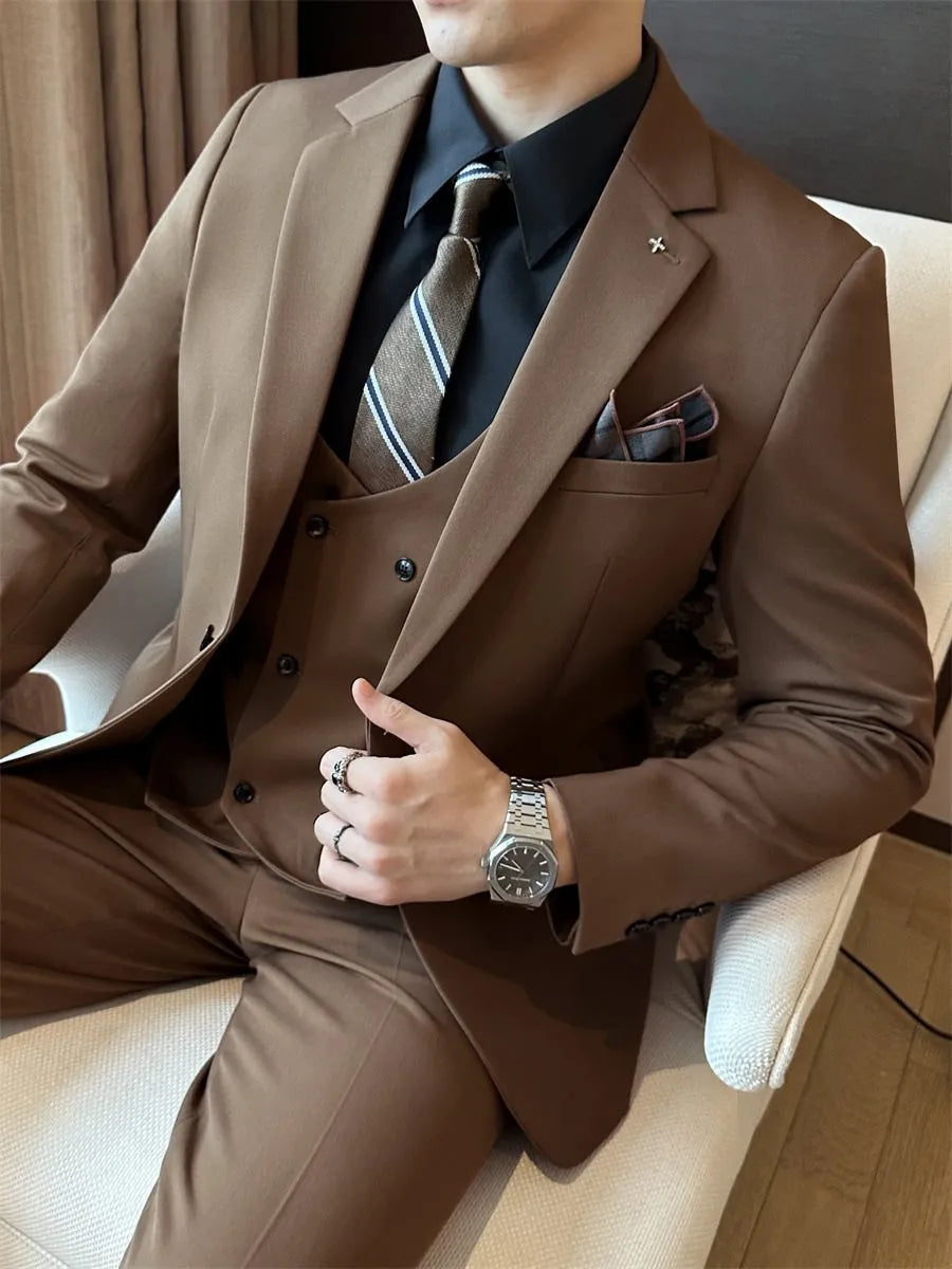 Men's dark green slim fit business suit jacket on a hanger.