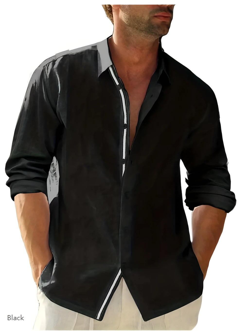 Linen casual men's shirt black long-sleeved lapel collar loose fit