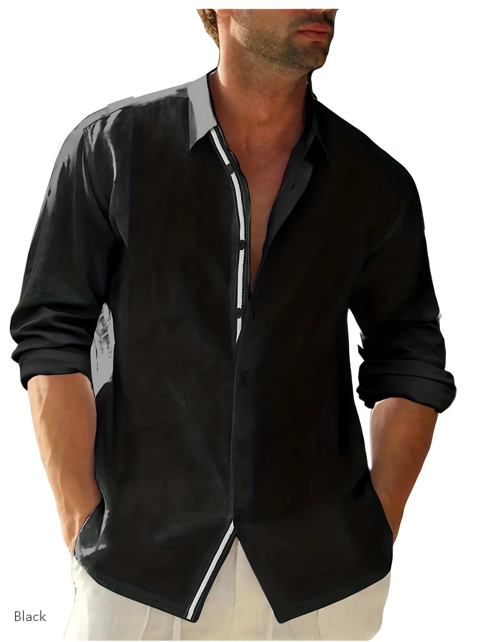 Linen casual men's shirt black long-sleeved lapel collar loose fit