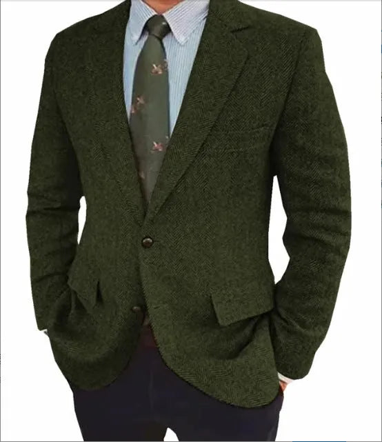 Men's brown herringbone suit jacket with long sleeves and notch lapels, laid flat.