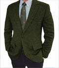 Men's brown herringbone suit jacket with long sleeves and notch lapels, laid flat.