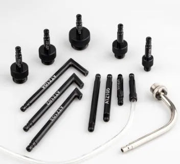 13-piece automatic transmission oil refuelling kit with hand pump and assorted connectors on a white background.
