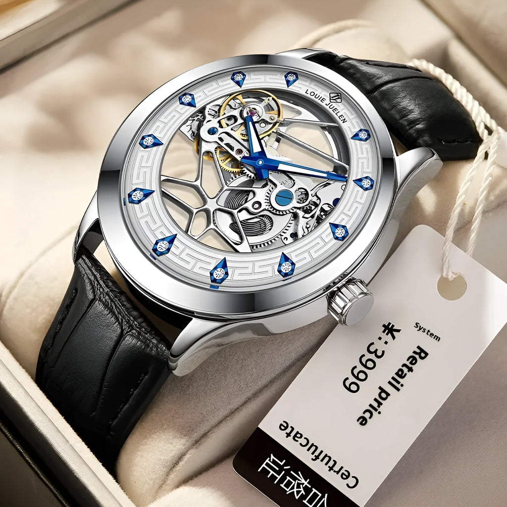 Men's silver mechanical watch with white dial, blue hands, and black leather strap