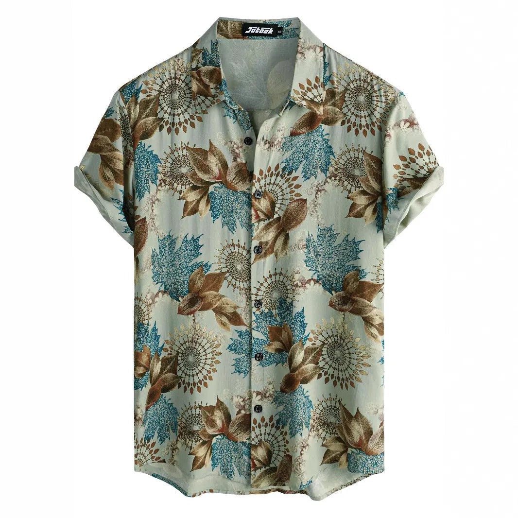 Hawaiian print lapel short sleeve shirt cardigan with digital printed floral pattern in street fashion style