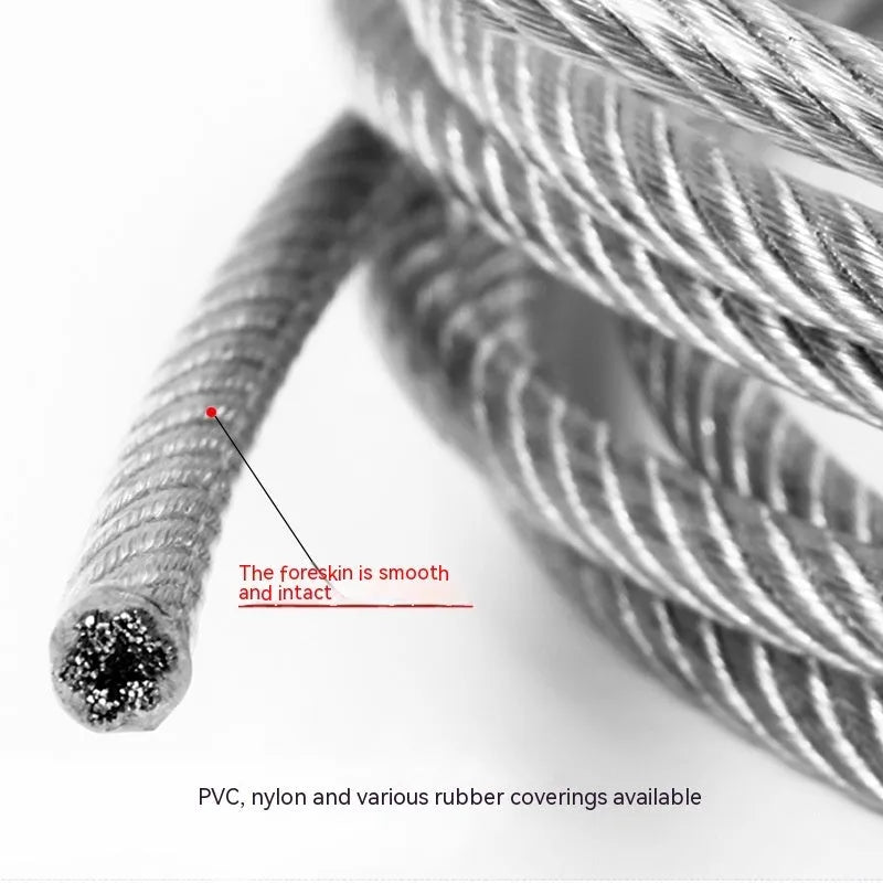 Coiled 304 stainless steel anti-theft security cable with coated finish on a grey background.