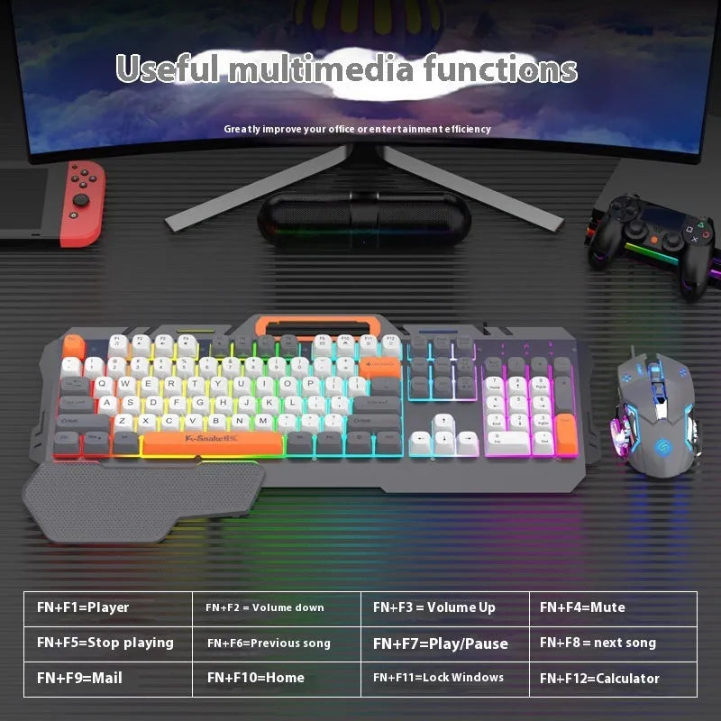 Blue wired gaming keyboard and mouse set with LED backlight on desk with 1.5 metre USB cable