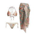 Women's creamy-white floral bikini set with top, briefs, and skirt for beach swimming