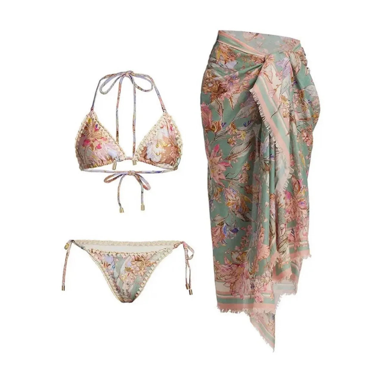 Women's creamy-white floral bikini set with top, briefs, and skirt for beach swimming