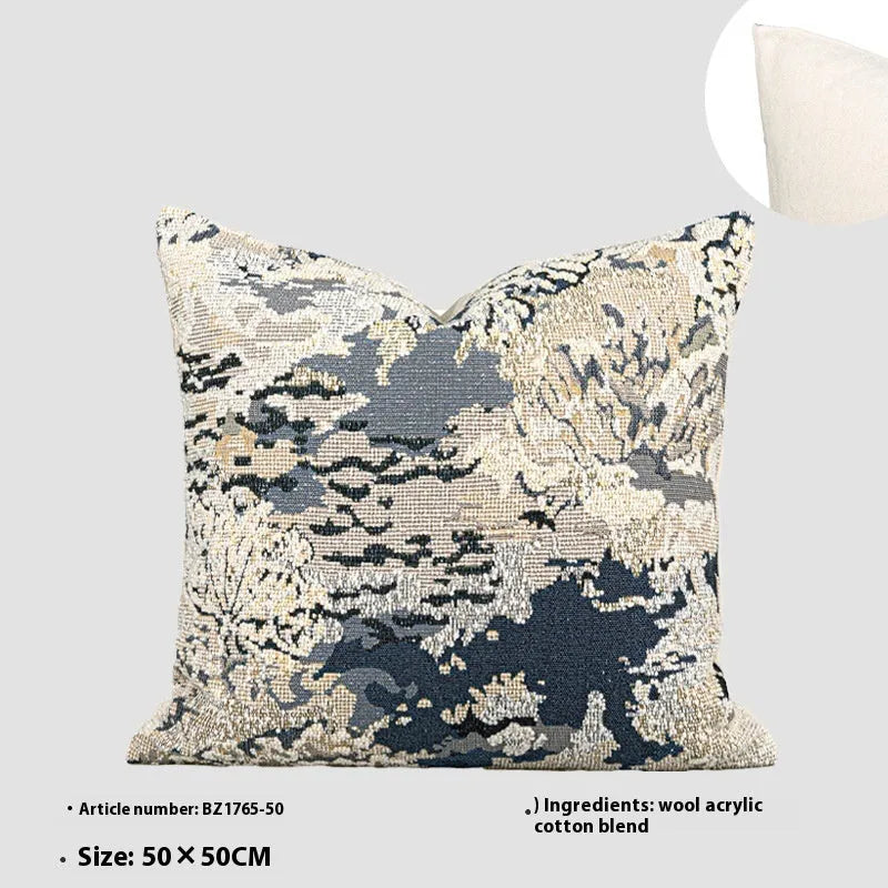 Chinese style antique blue wool blend floral pillow with abstract artistic pattern on feather velvet cushion