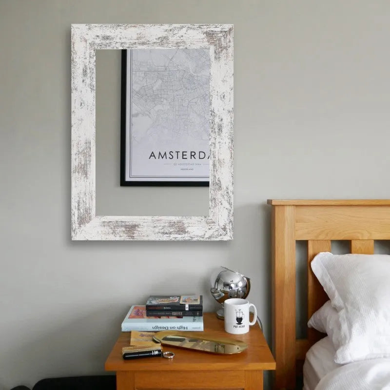 Pastoral style wall-mounted bathroom mirror with MDF frame in Small Old White colour