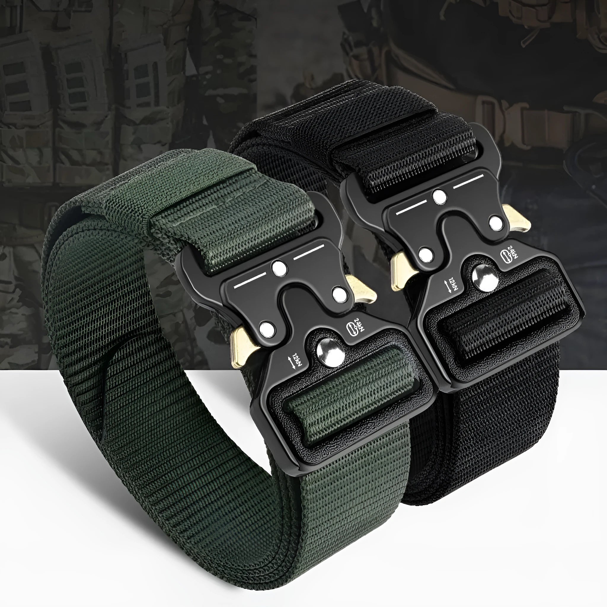 Men's canvas tactical belt with alloy buckle in Army Green colour showing length and buckle detail