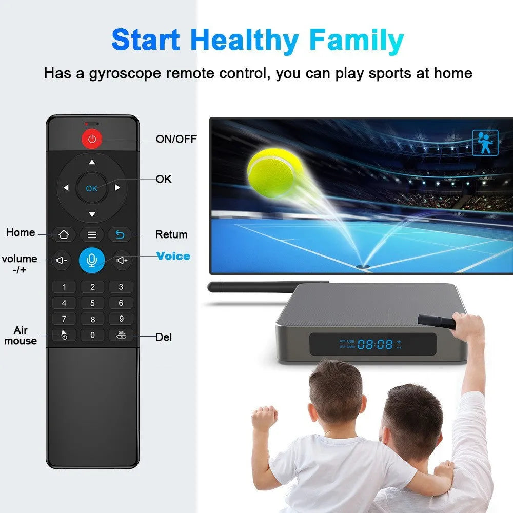 Black Android 8K set-top box with remote control, HDMI cable, and UK plug on a wooden surface.