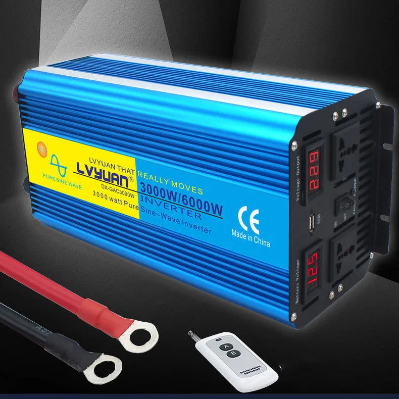 Blue high-power pure sine wave inverter with digital display, UK socket, and remote control.