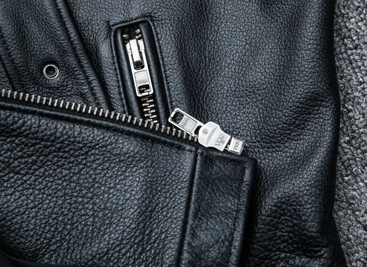 Pure cowhide biker's leather jacket in black with silver zip, front view