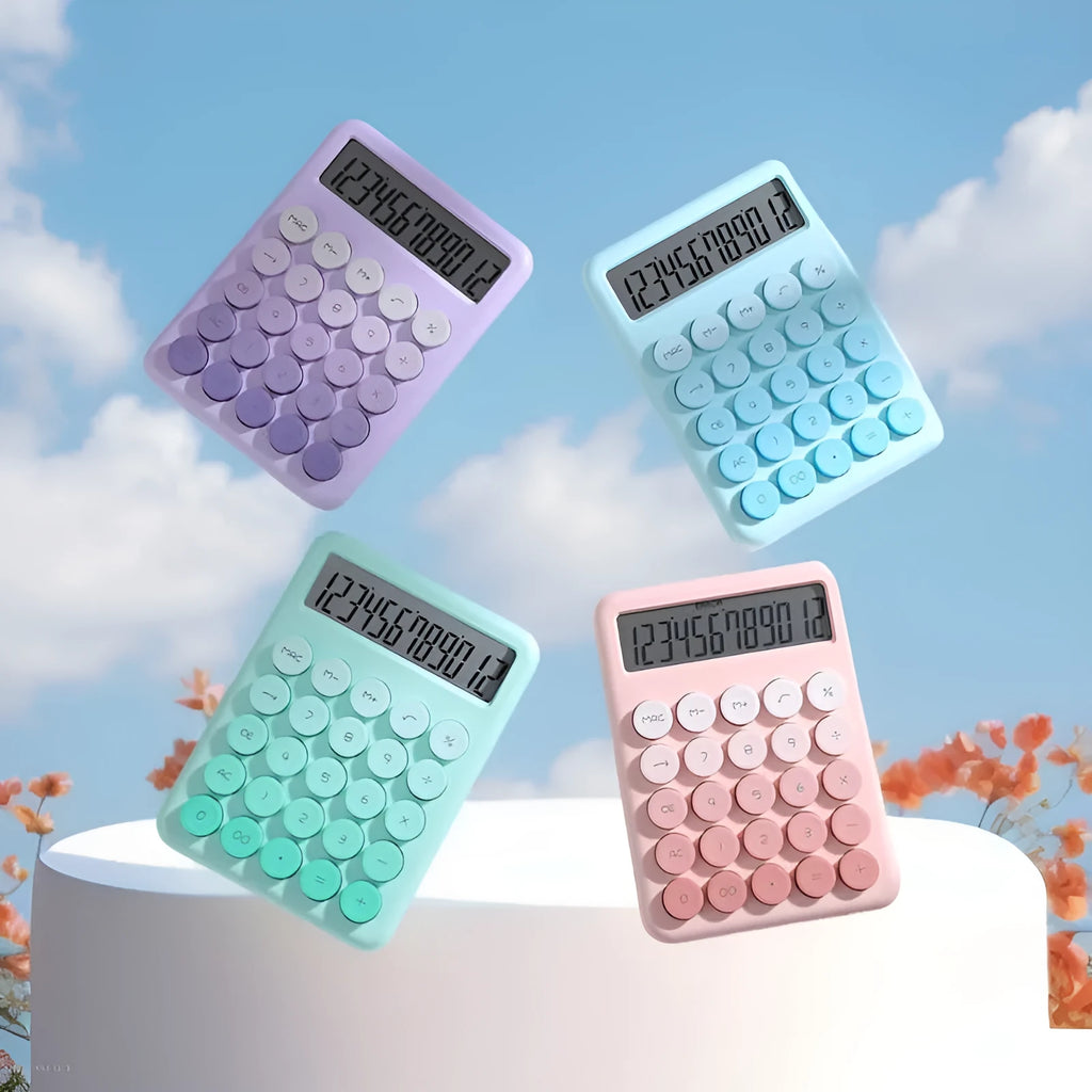 Desktop calculator with gradient colour options including violet, pink, blue and mint green