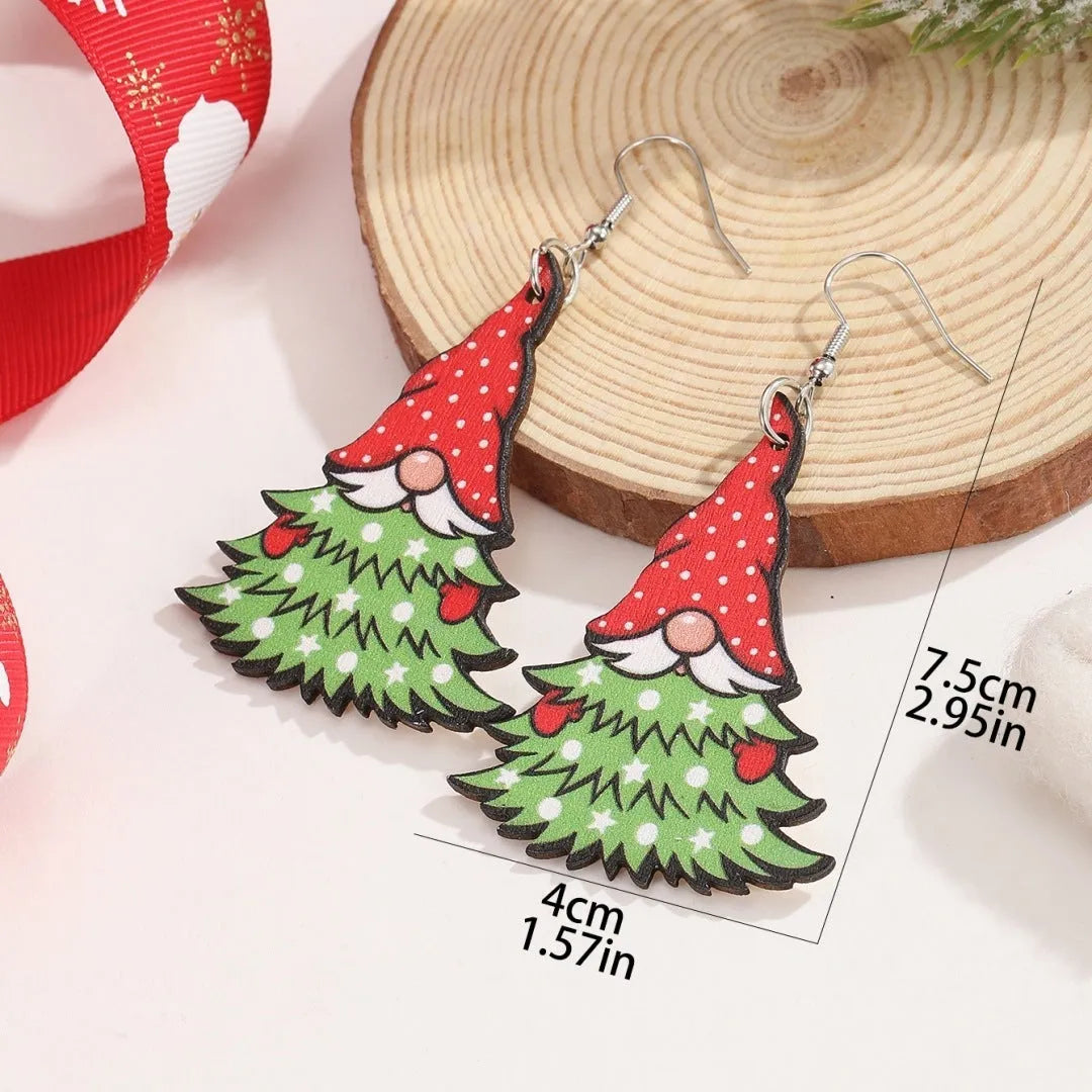 Geometric wooden Christmas earrings with Santa Claus printed designs