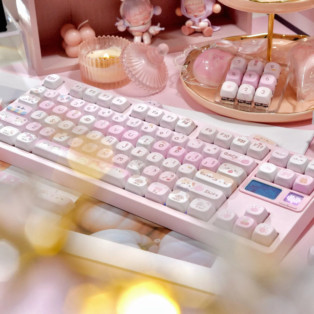 MOA Height Full Five-sided Sublimation Key Caps in pink with cartoon artwork on mechanical keyboard