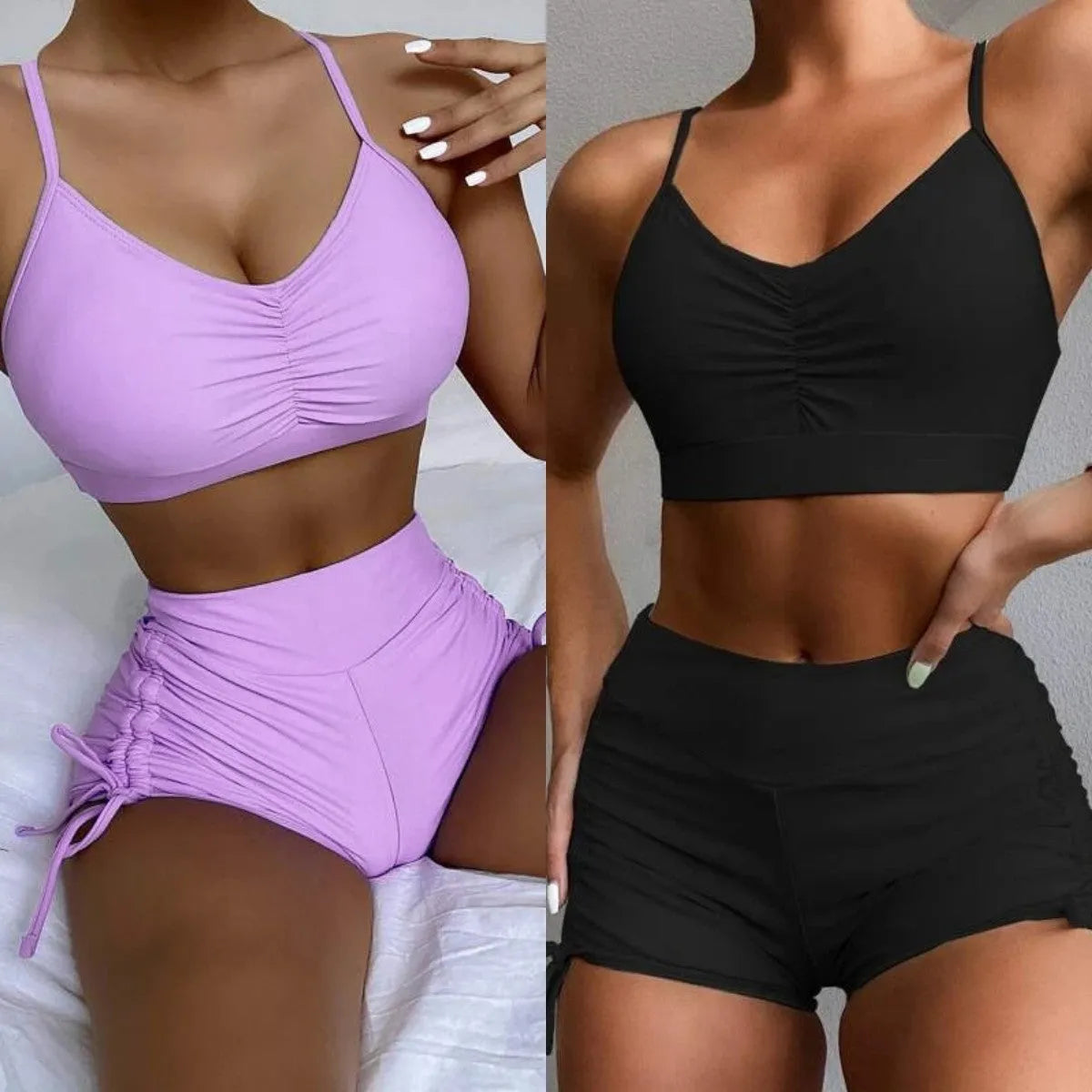 Women's high waist split swimsuit in black or violet nylon spandex fabric for swimming