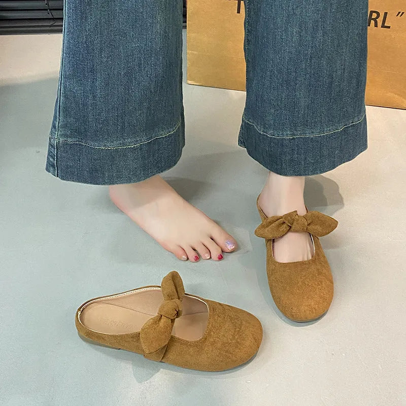 Plus size women's bow toe half slippers in artificial PU, rubber sole, apricot colour, sizes 35-43