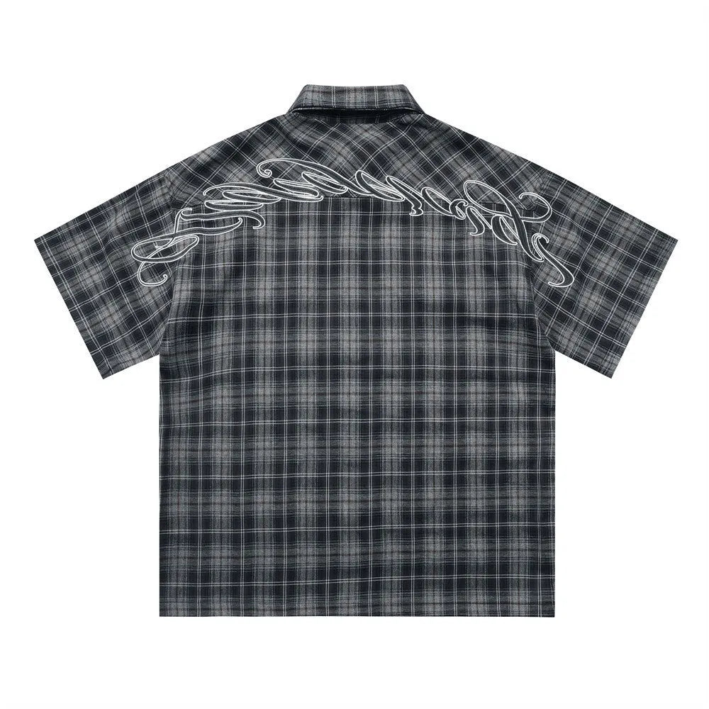 Men's black plaid short sleeve shirt with embroidered letter design and lapel collar