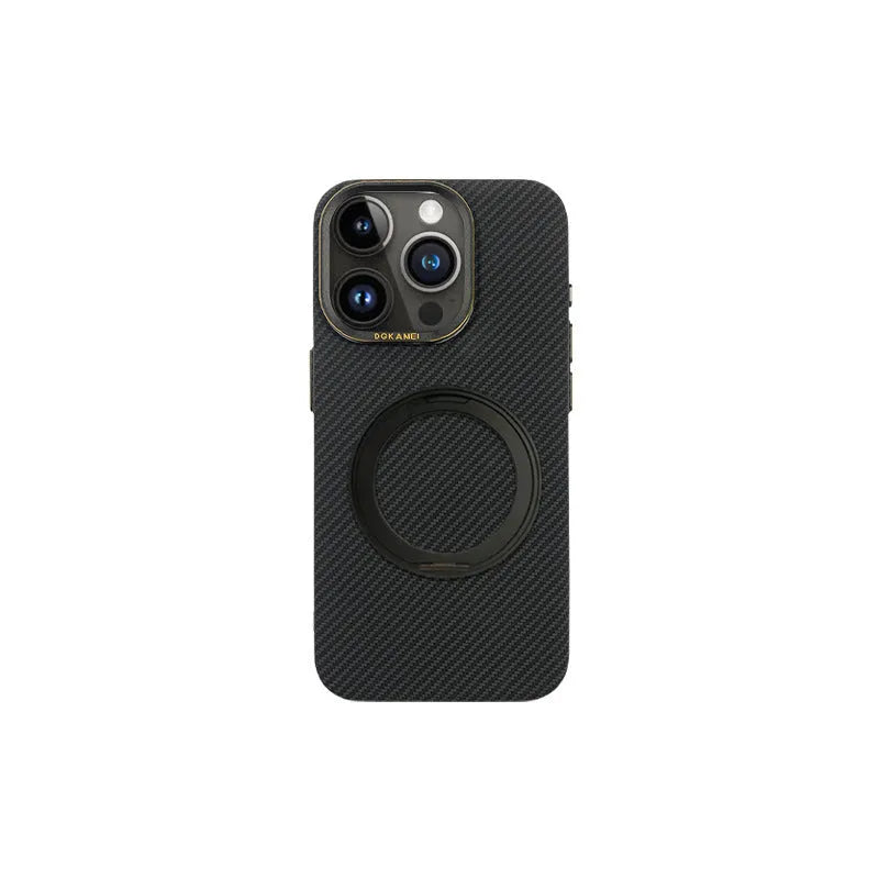 Rotating aluminum alloy bracket phone case in graphite black with carbon fiber pattern drop-resistant shell for Apple