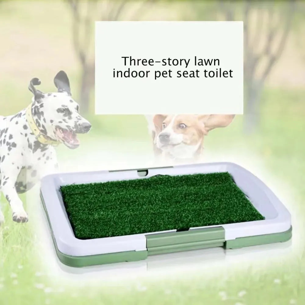 Green artificial grass dog toilet training tray with three-layer construction for indoor puppy potty training