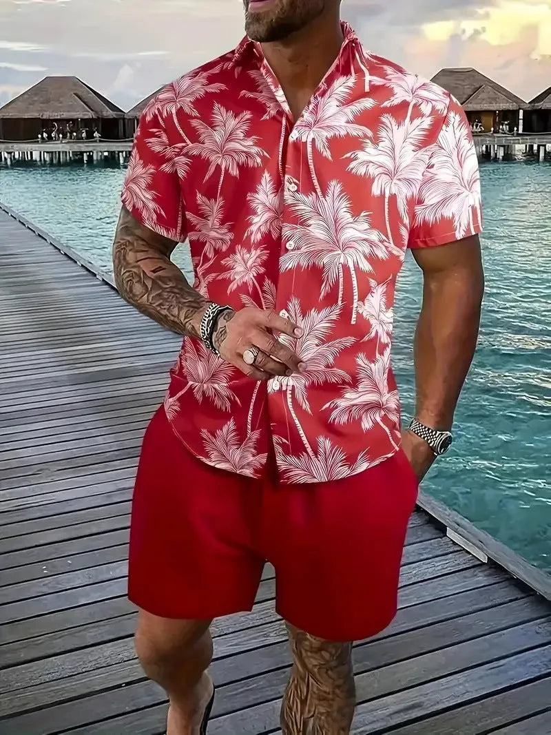 Man wearing a colourful 3D printed Hawaiian shirt and matching shorts casual set.
