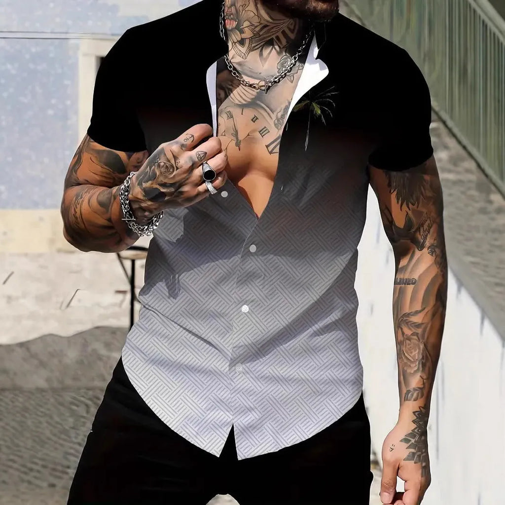 Men's geometric line pattern printed shirt with lapel collar and short sleeves in slim fit