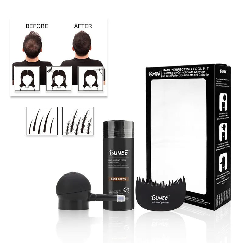 Boxed three-piece hair fibre powder thickening set with applicator and mirror.