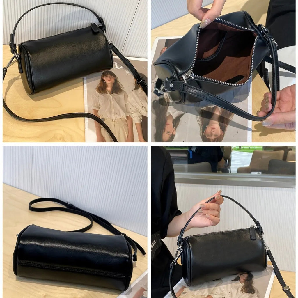 Genuine leather crossbody phone bag in cylindrical shape with single shoulder strap